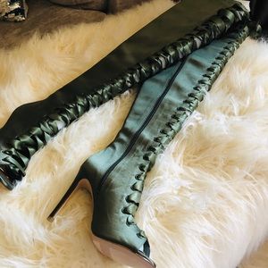 Sexy Olive Green Peep Toe Lace Up Thigh High Boots